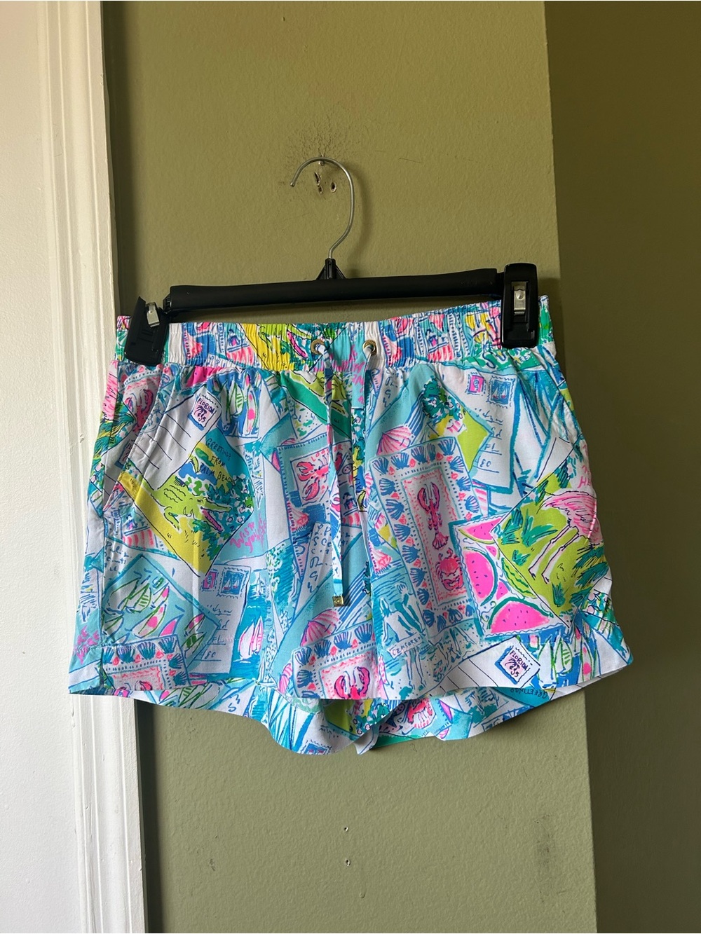 Lilly Pulitzer Bright Tropical Print Beach Shorts - Blue, Pink, Green, Yellow.
